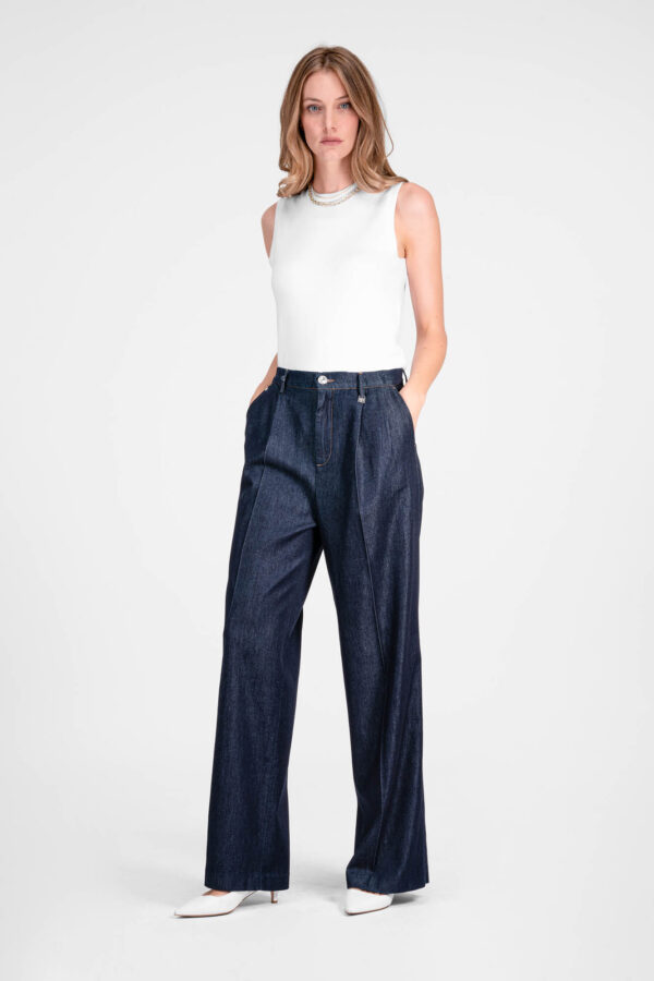 Sartoria Tramarossa PANTALONE AURELIA WIDE LEG IN GABARDINA DI COTONE BLU SCURO