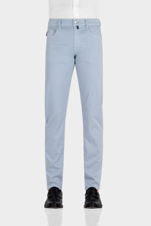 Sartoria Tramarossa PANTALONE MICHELANGELO ZIP SS REGULAR IN GABARDINA DI COTONE CON STAMPA ESTERNA BLU CHIARO