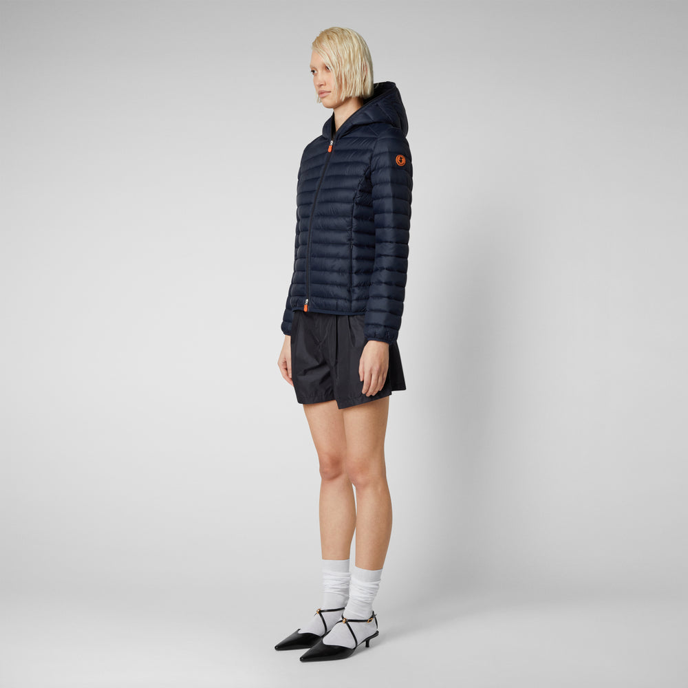 Save The Duck Piumino Animal Free Con Cappuccio Donna Daisy Blu Nero