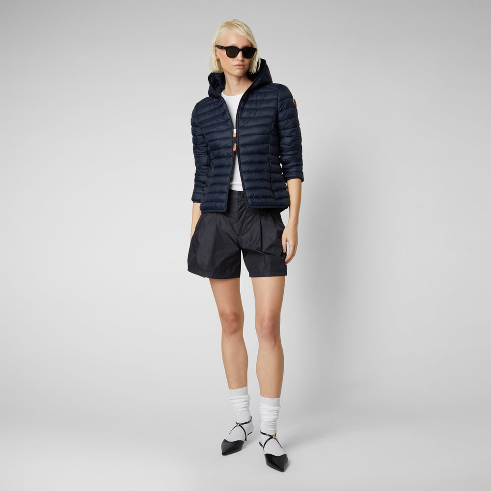 Save The Duck Piumino Animal Free Con Cappuccio Donna Daisy Blu Nero