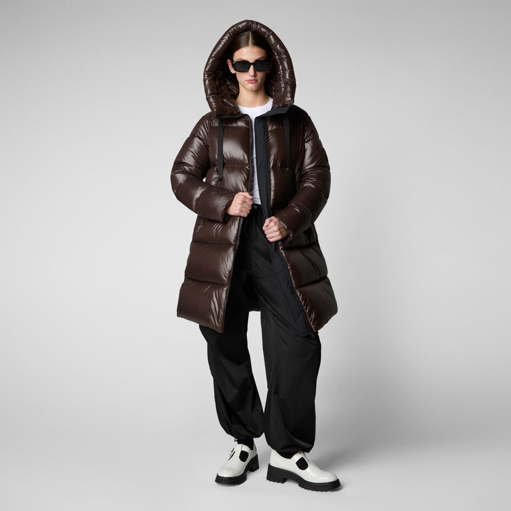 Save The Duck PIUMINO ANIMAL FREE CON CAPPUCCIO DONNA ISABEL MARRONE NERO