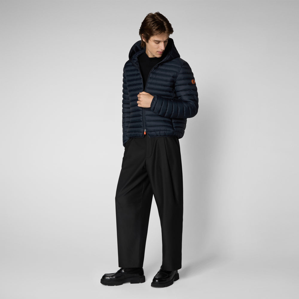 Save The Duck PIUMINO ANIMAL FREE CON CAPPUCCIO UOMO DONALD BLU NERO