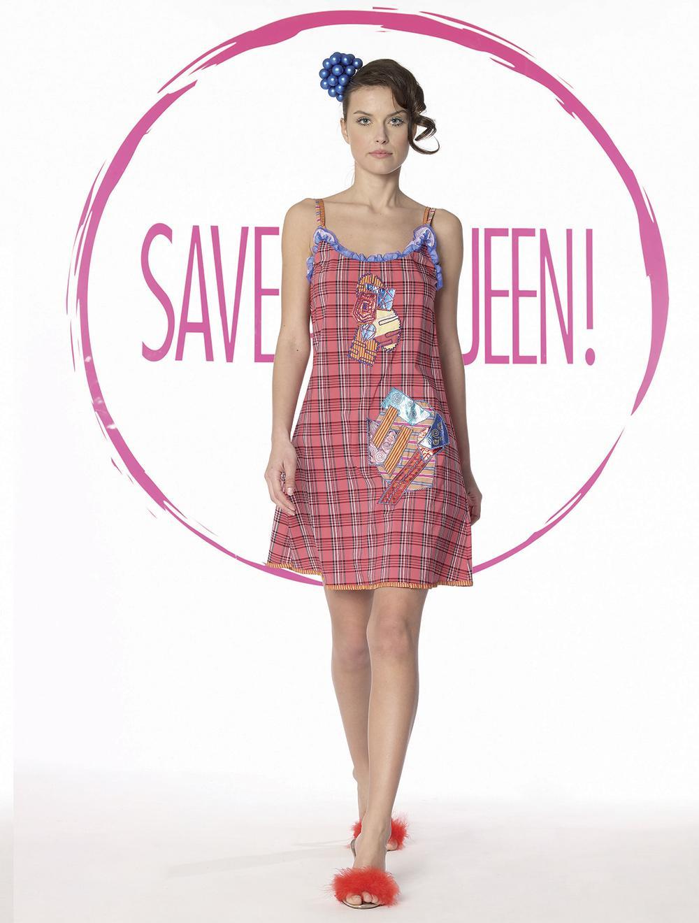 Save The Queen Babydoll in cotone a stampa tartan con applicazioni
