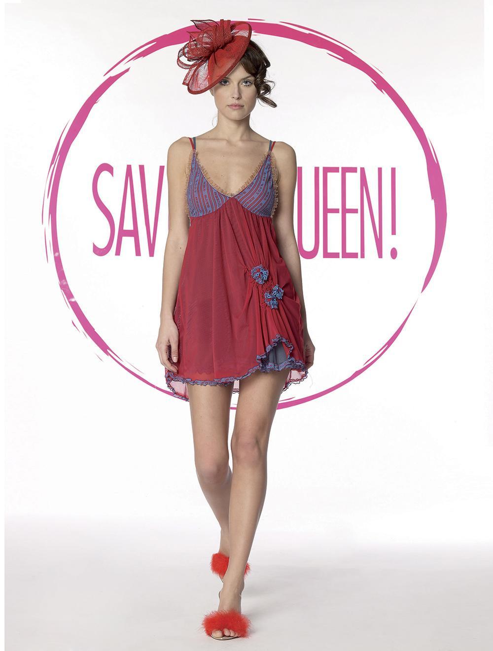 Save The Queen Babydoll in tulle elasticizzato con stampa rosso e petrolio con culotte coordinata