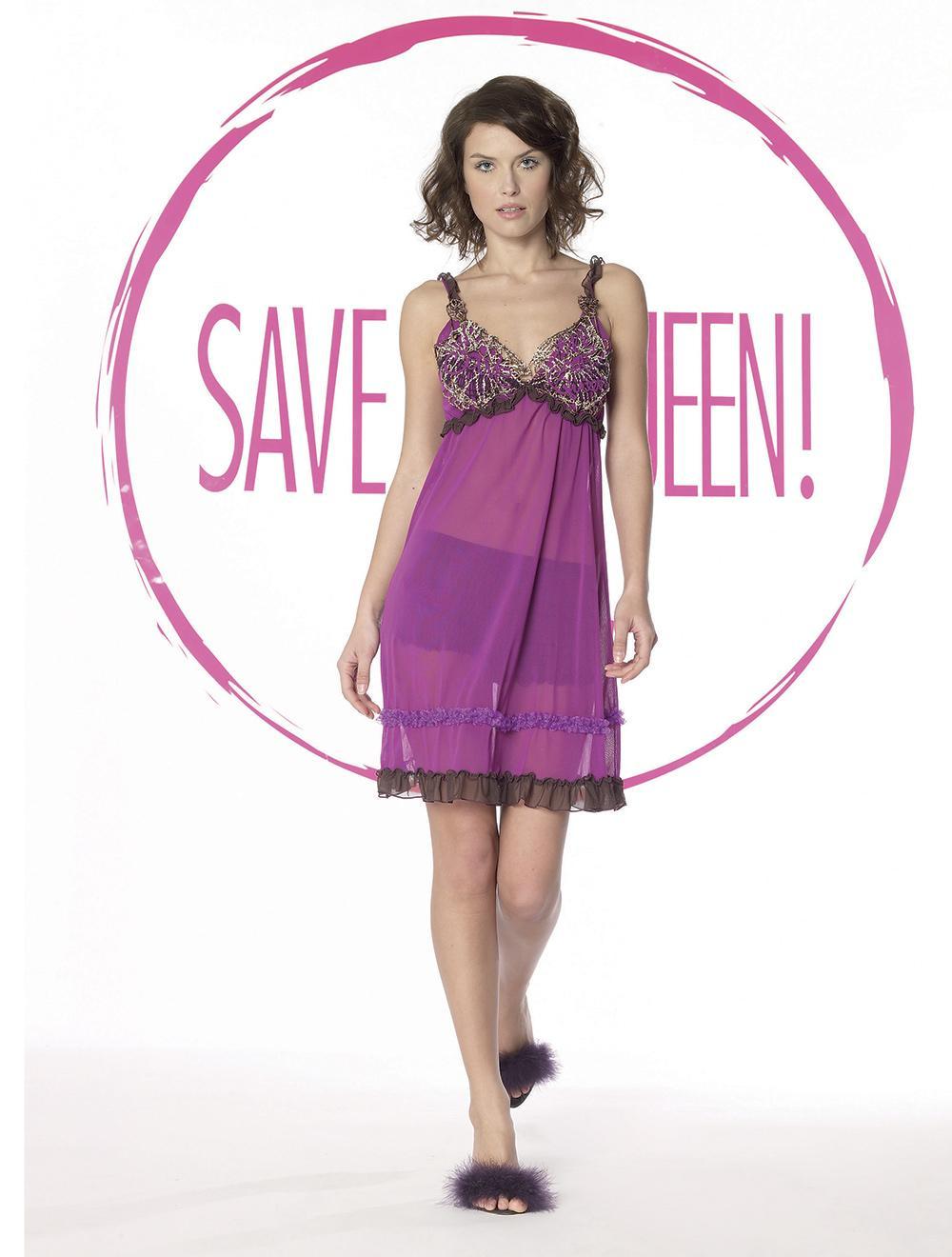 Save The Queen Babydoll in tulle elasticizzato fucsia con ricami e culotte coordinata
