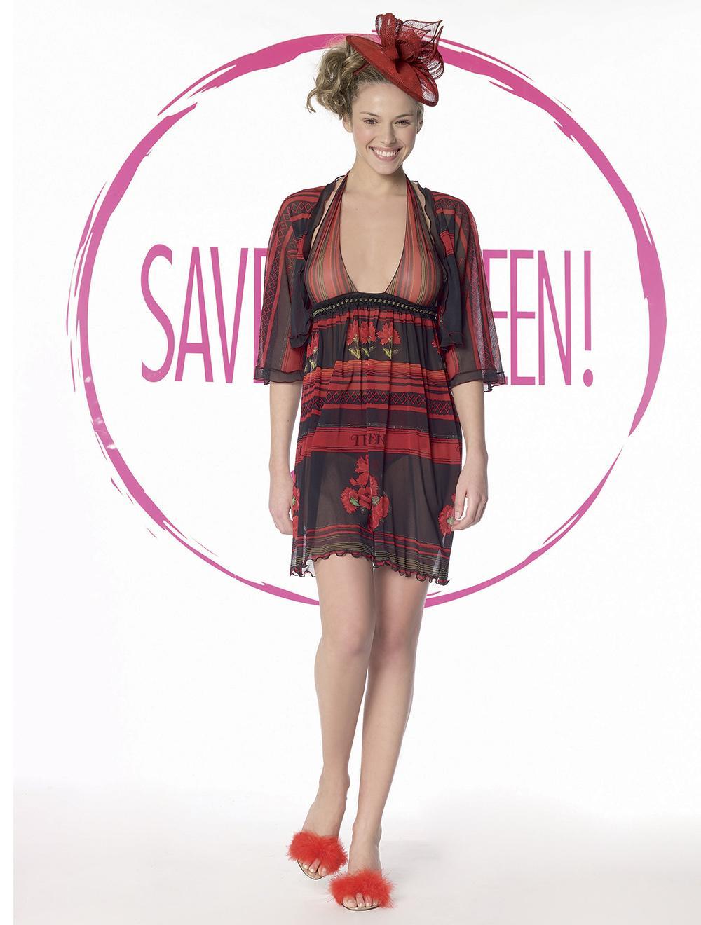 Save The Queen Babydoll in tulle elasticizzato stampato con motivo garofani con bolero coordinato