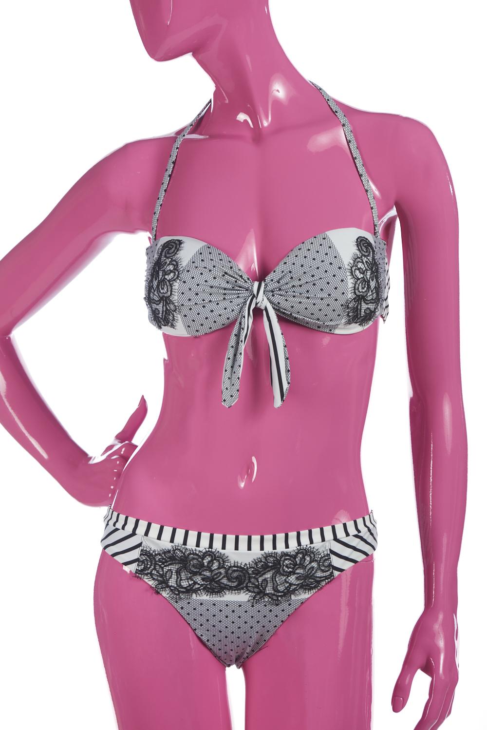 Save The Queen Bikini a fascia bianco e nero con dettaglio in pizzo