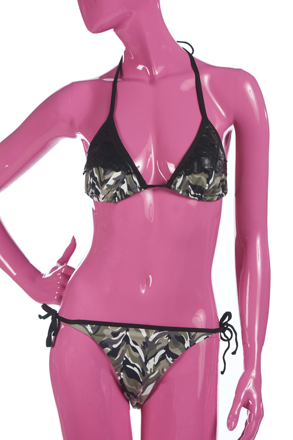 Save The Queen Bikini a triangolo con stampa camouflage e dettagli in eco pelle