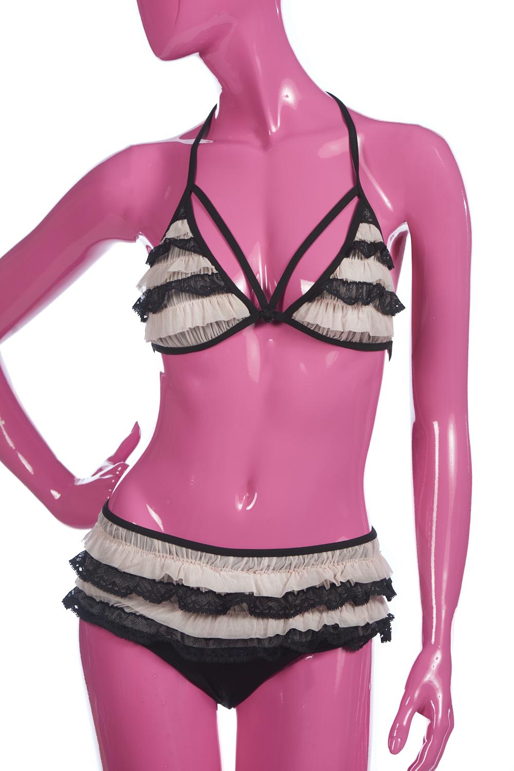 Save The Queen Bikini a triangolo in pizzo nero e tulle rosa