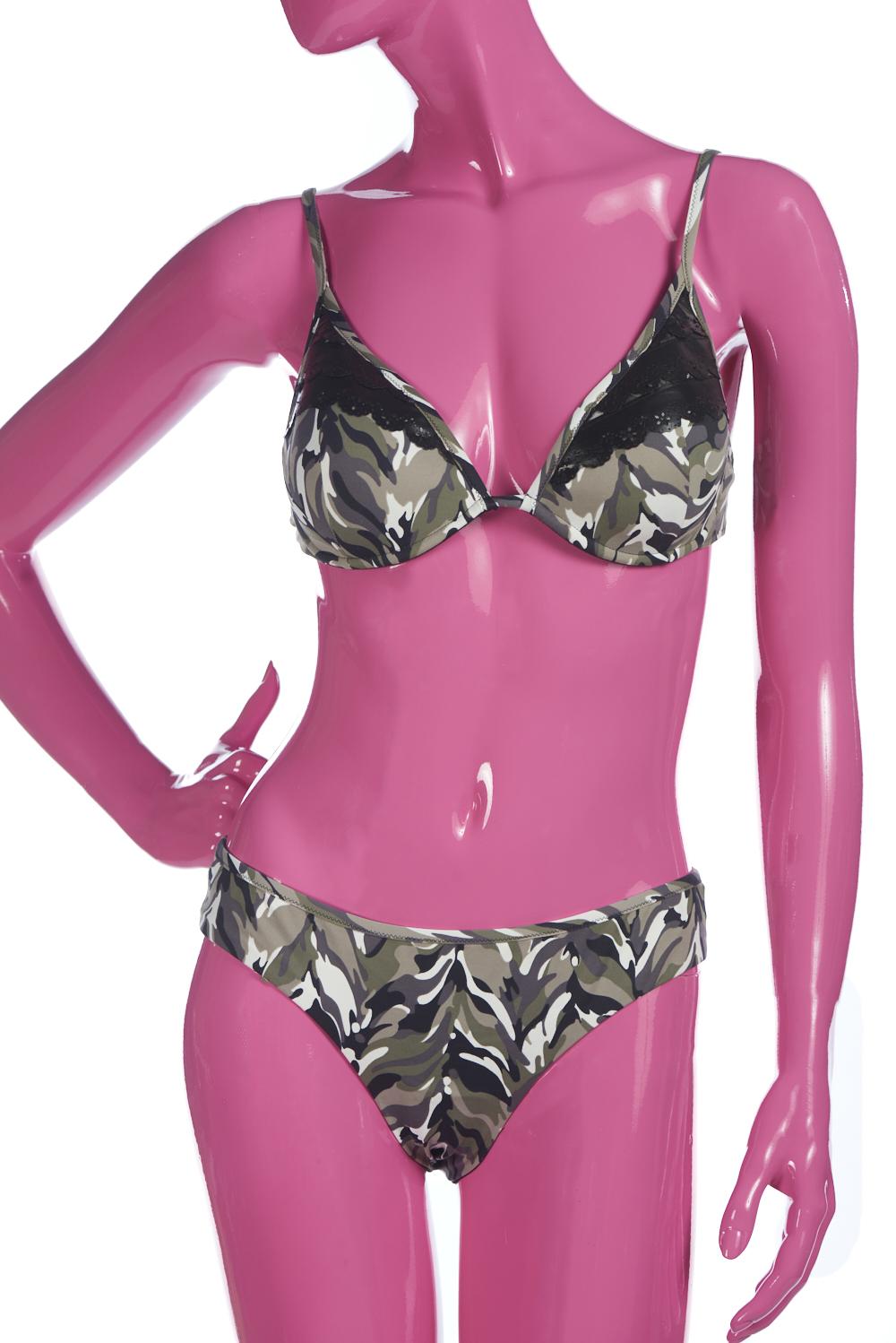 Save The Queen Bikini con reggiseno pus-up con stampa camouflage e dettagli in eco pelle