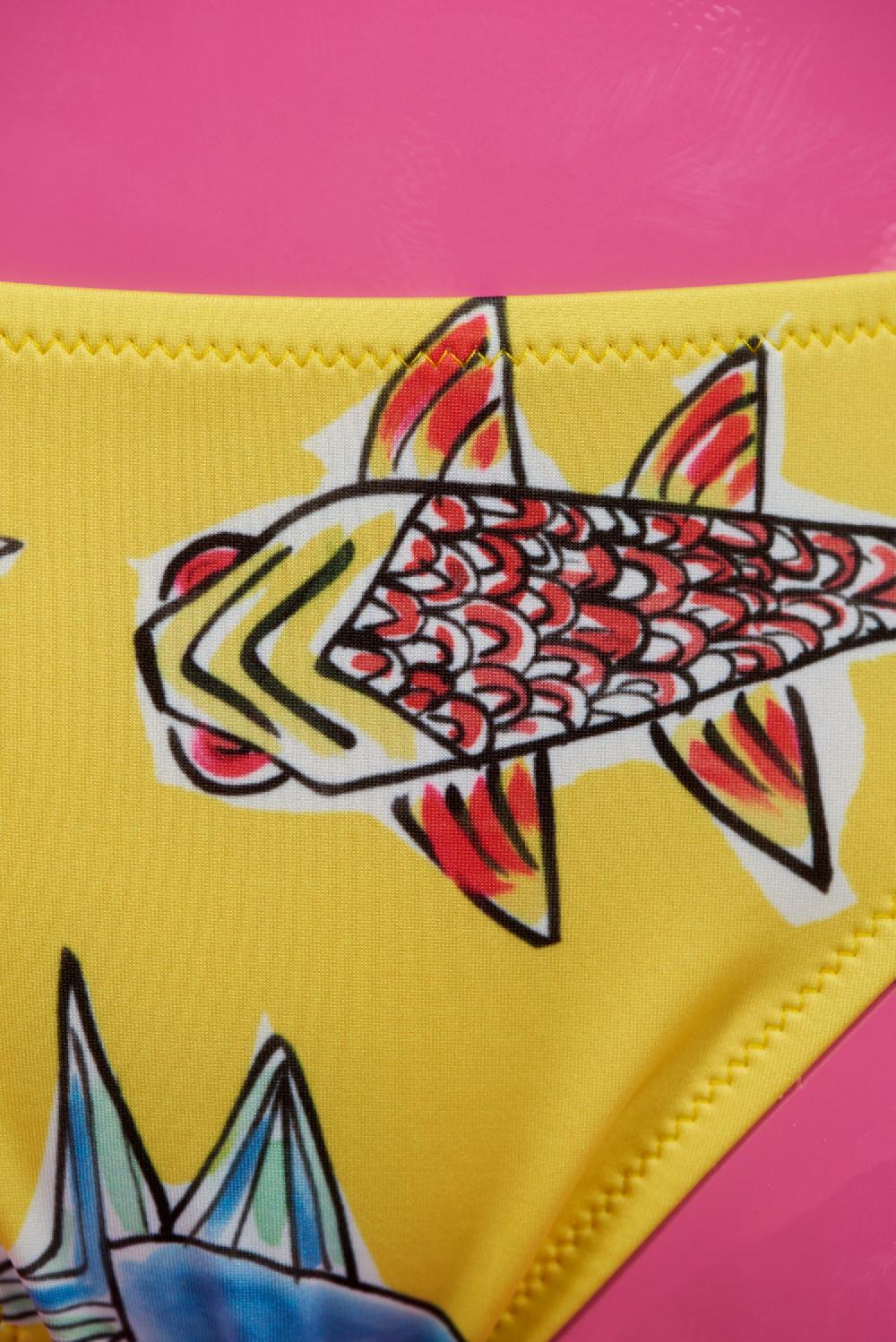 Save The Queen Bikini Giallo A Fascia Con Stampa Pesci