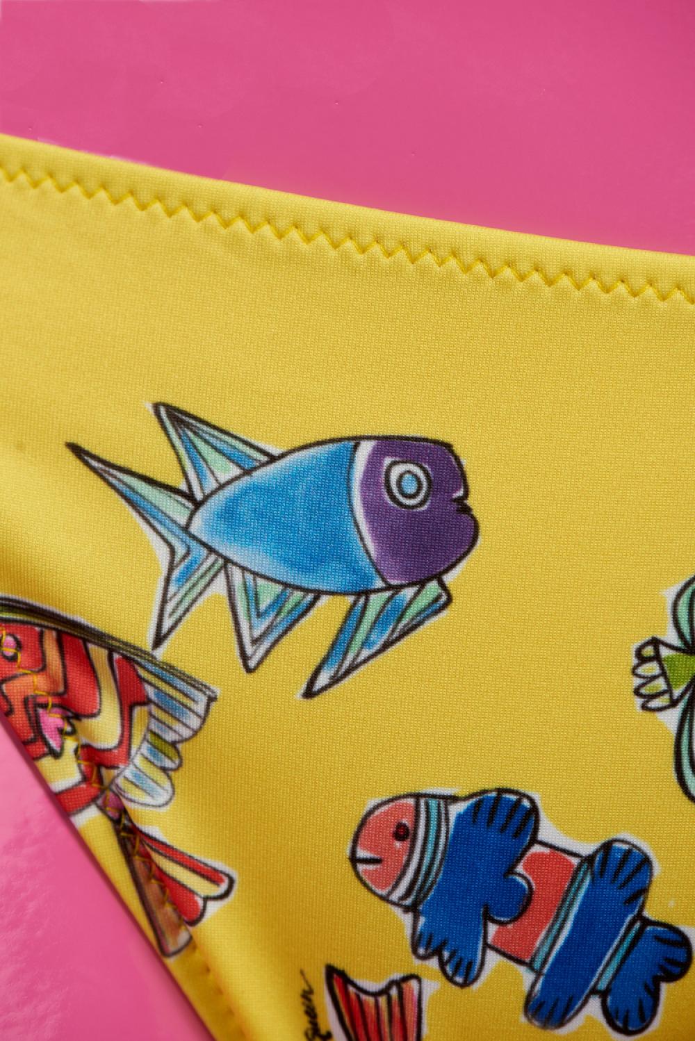 Save The Queen Bikini Giallo A Fascia Con Stampa Pesci