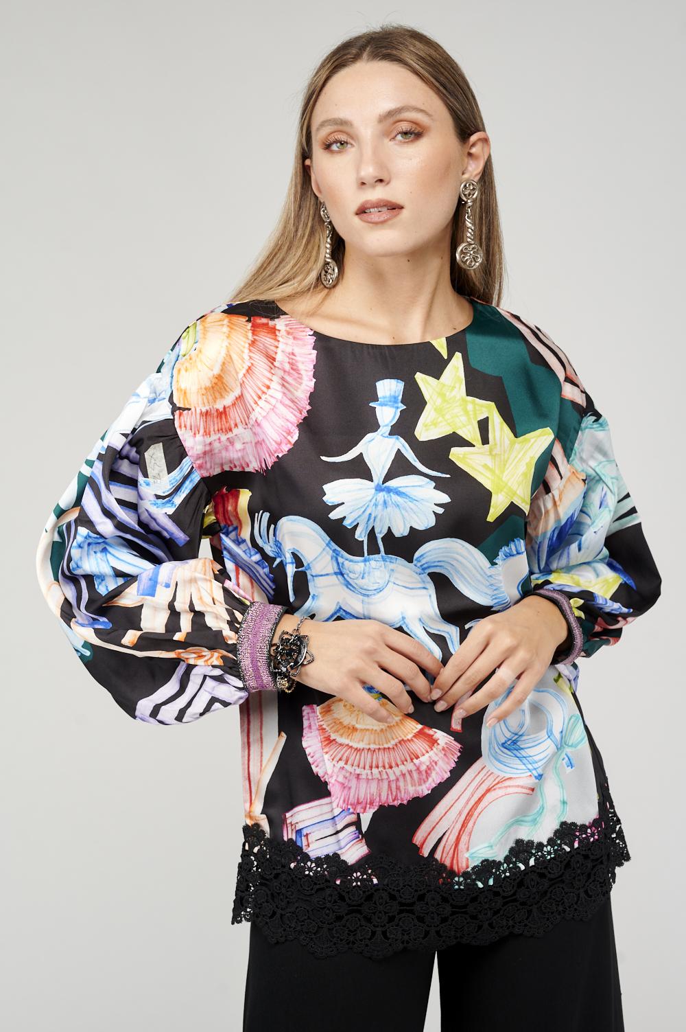 Save The Queen Blusa in raso con stampa dedicata al Circo