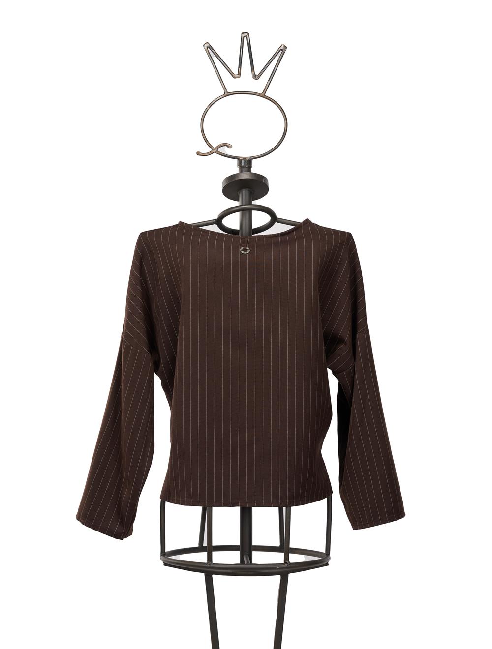 Save The Queen Blusa Marrone In Tessuto Gessato Con Applicazione