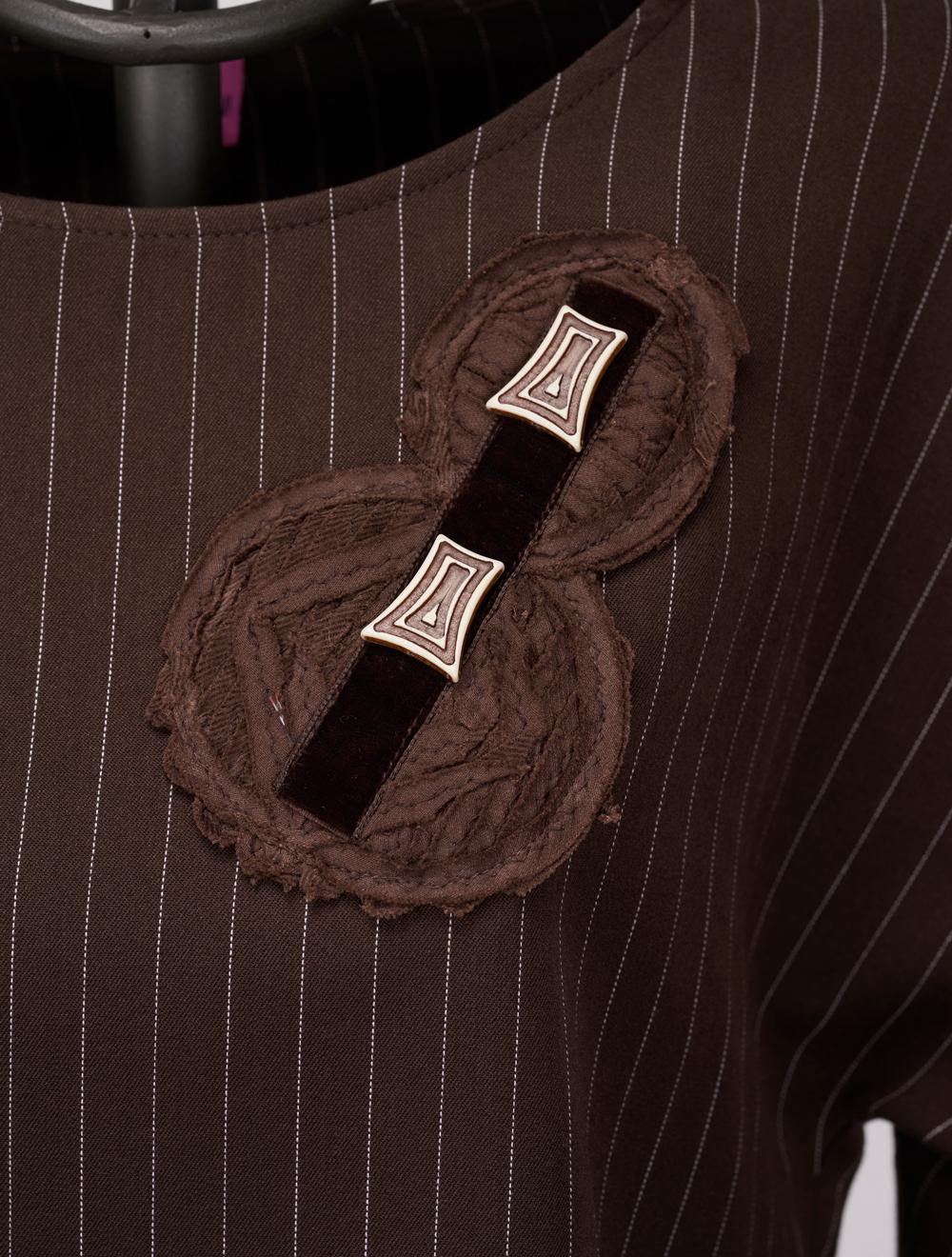 Save The Queen Blusa Marrone In Tessuto Gessato Con Applicazione