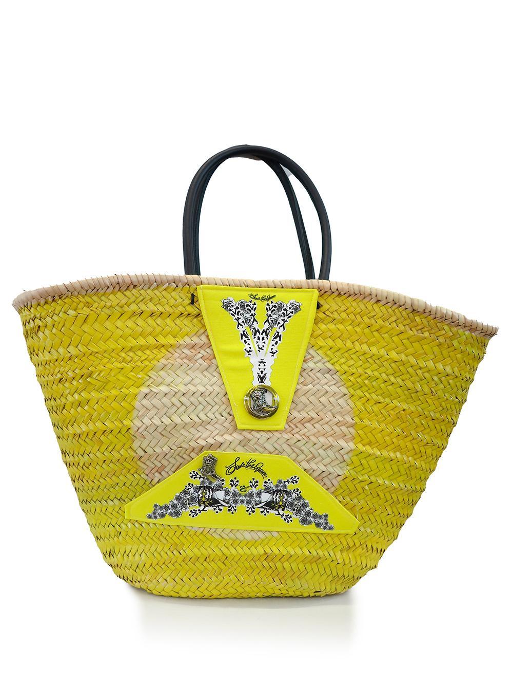 Save The Queen Borsa Gialla Di Paglia Intrecciata Con Stampa