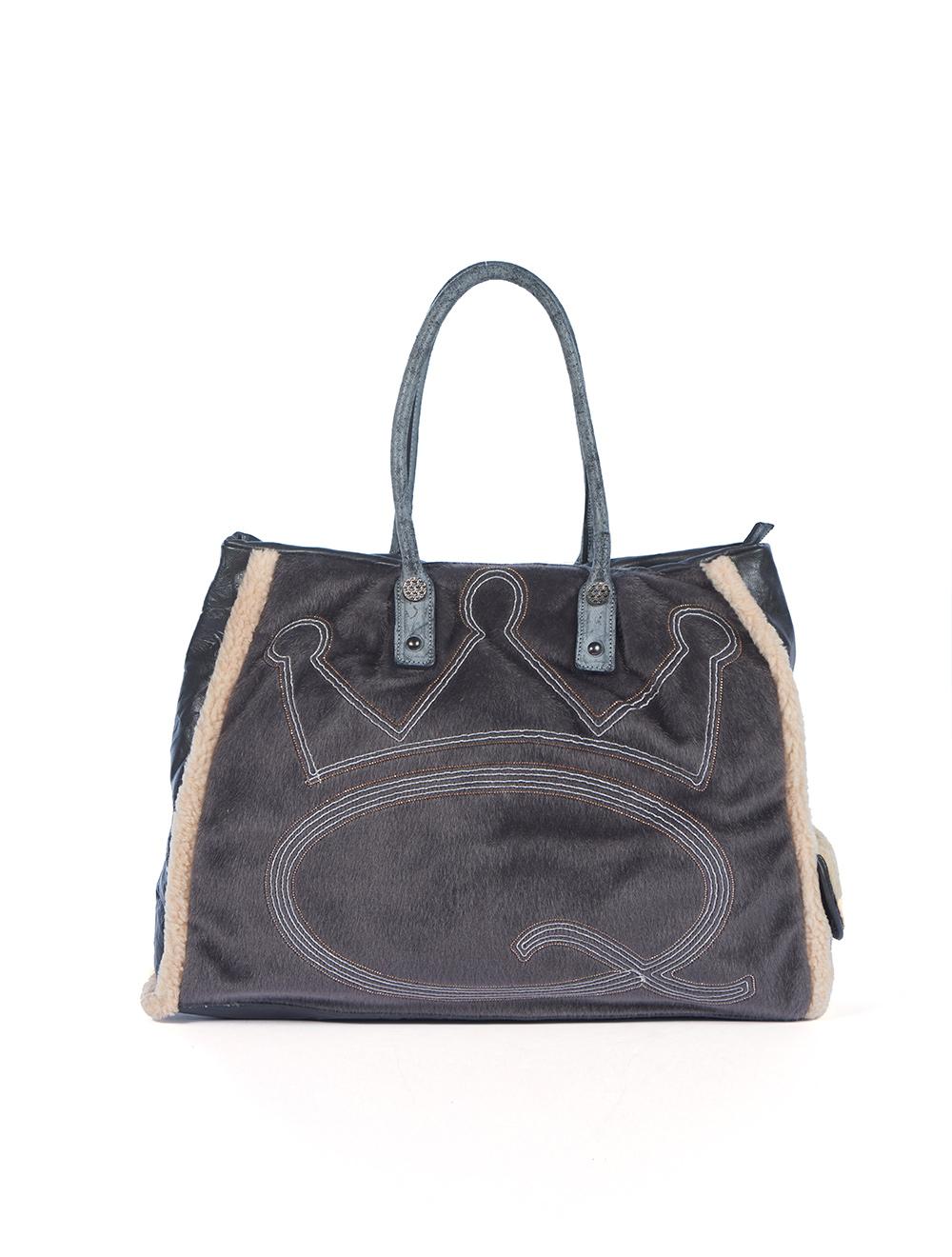 Save The Queen Borsa Grande In Eco Pelle E Cavallino Grigio Con Ricamo