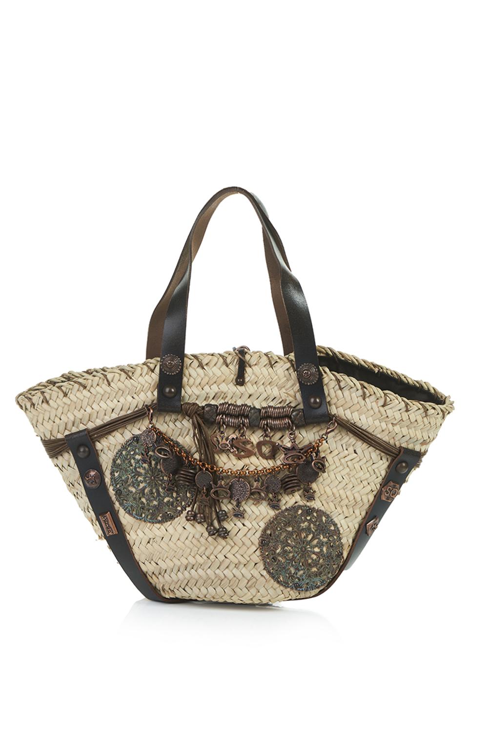 Save The Queen Borsa in paglia e pelle con decorazioni