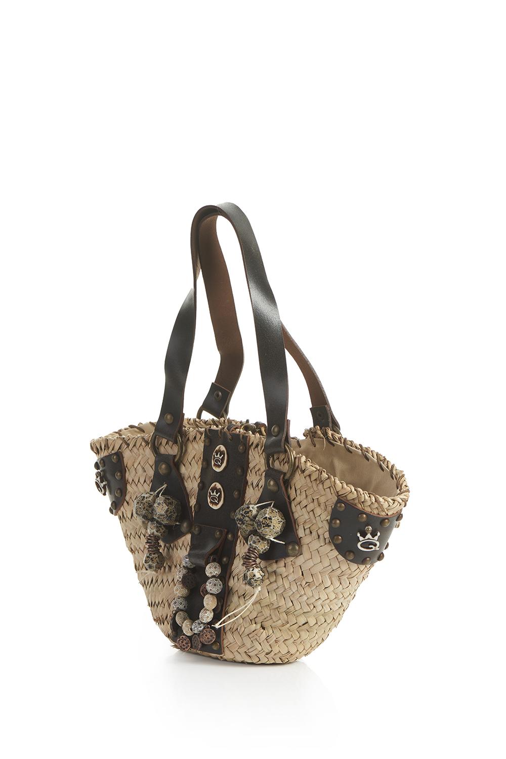 Save The Queen Borsa In Paglia Intrecciata A Mano Con Dettagli In Pelle Marrone