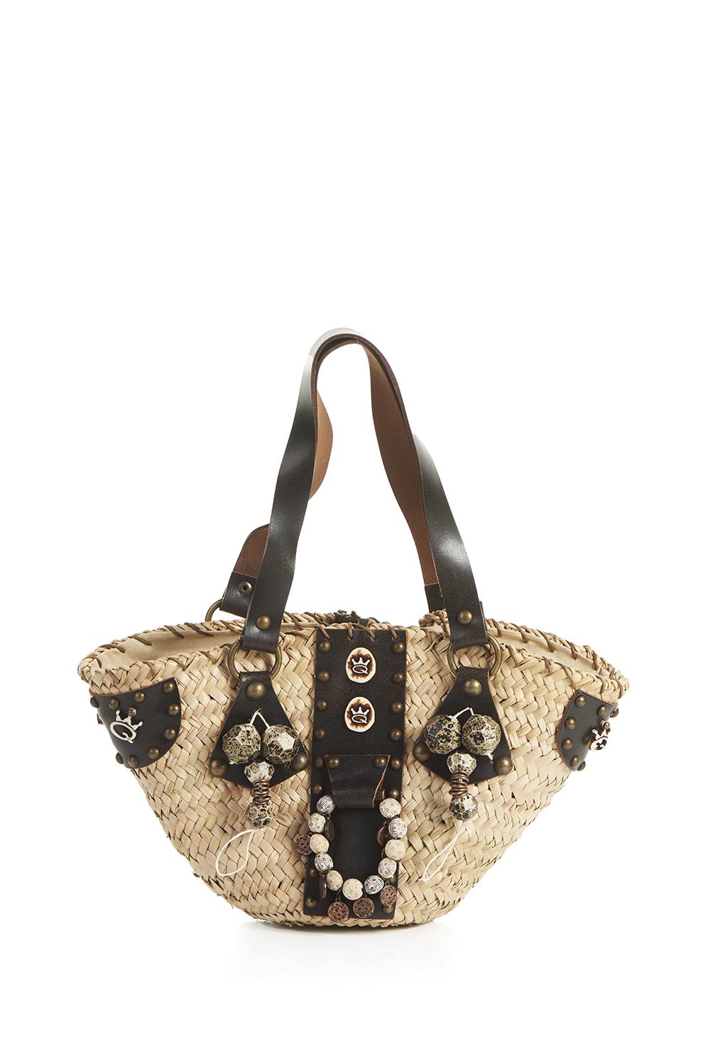 Save The Queen Borsa in paglia intrecciata a mano con dettagli in pelle marrone