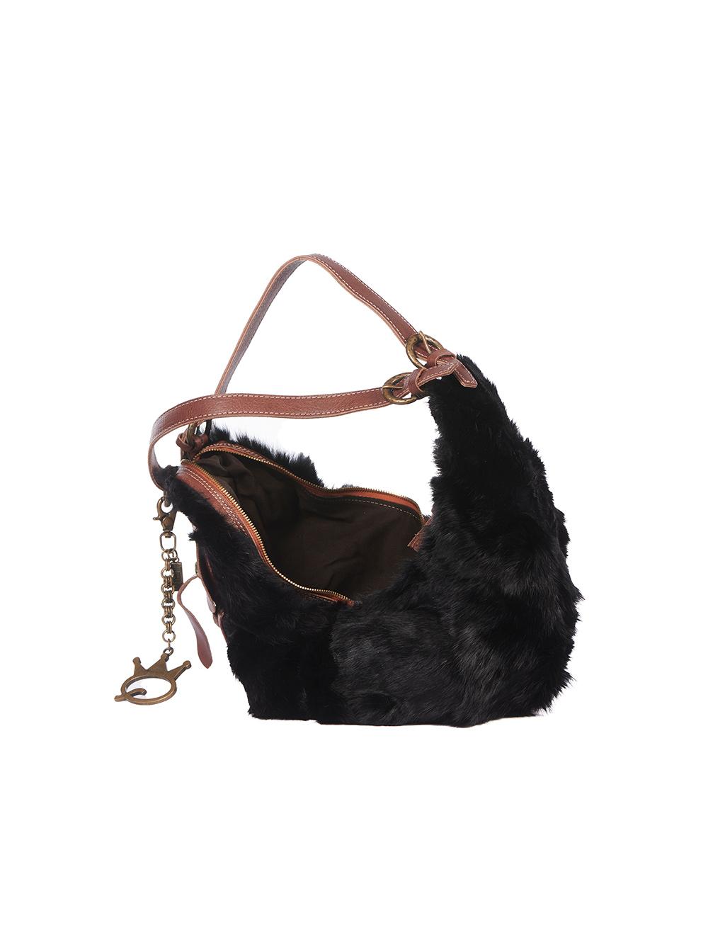 Save The Queen Borsa In Pelle Marrone E Pelliccia Nera