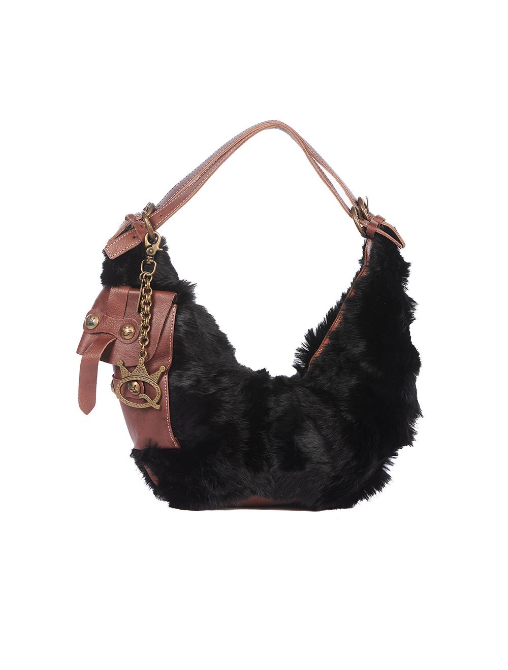 Save The Queen Borsa in pelle marrone e pelliccia nera