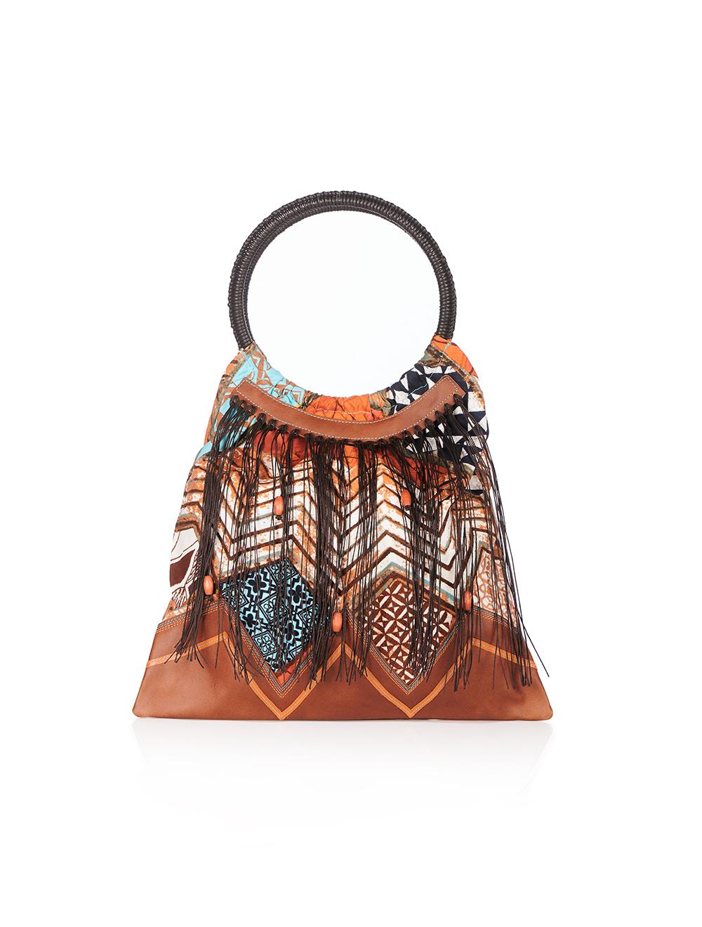 Save The Queen Borsa in tessuto stampato con disegno etnico e dettagli in pelle