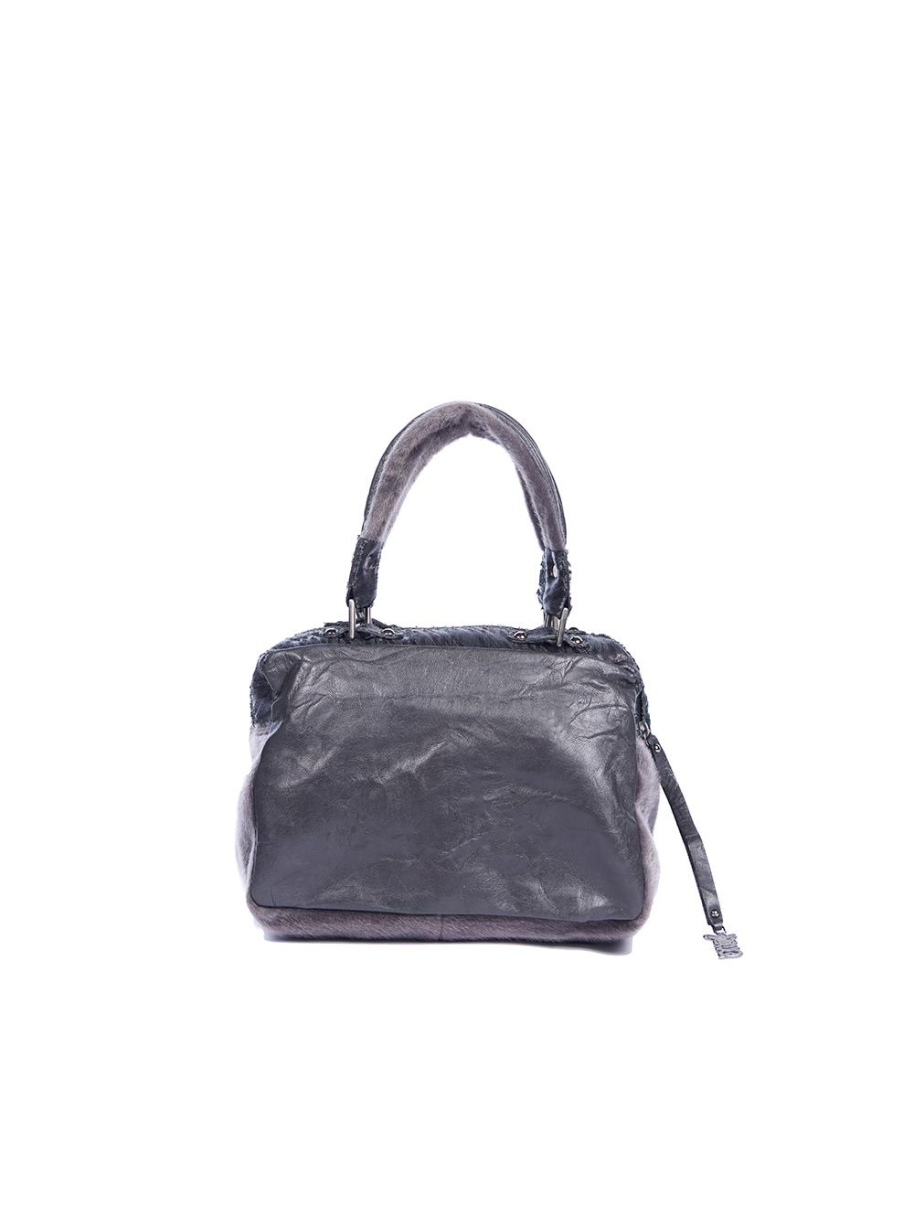 Save The Queen Borsa Media In Eco Pelle Nera E Cavallino Grigio Con Ricamo