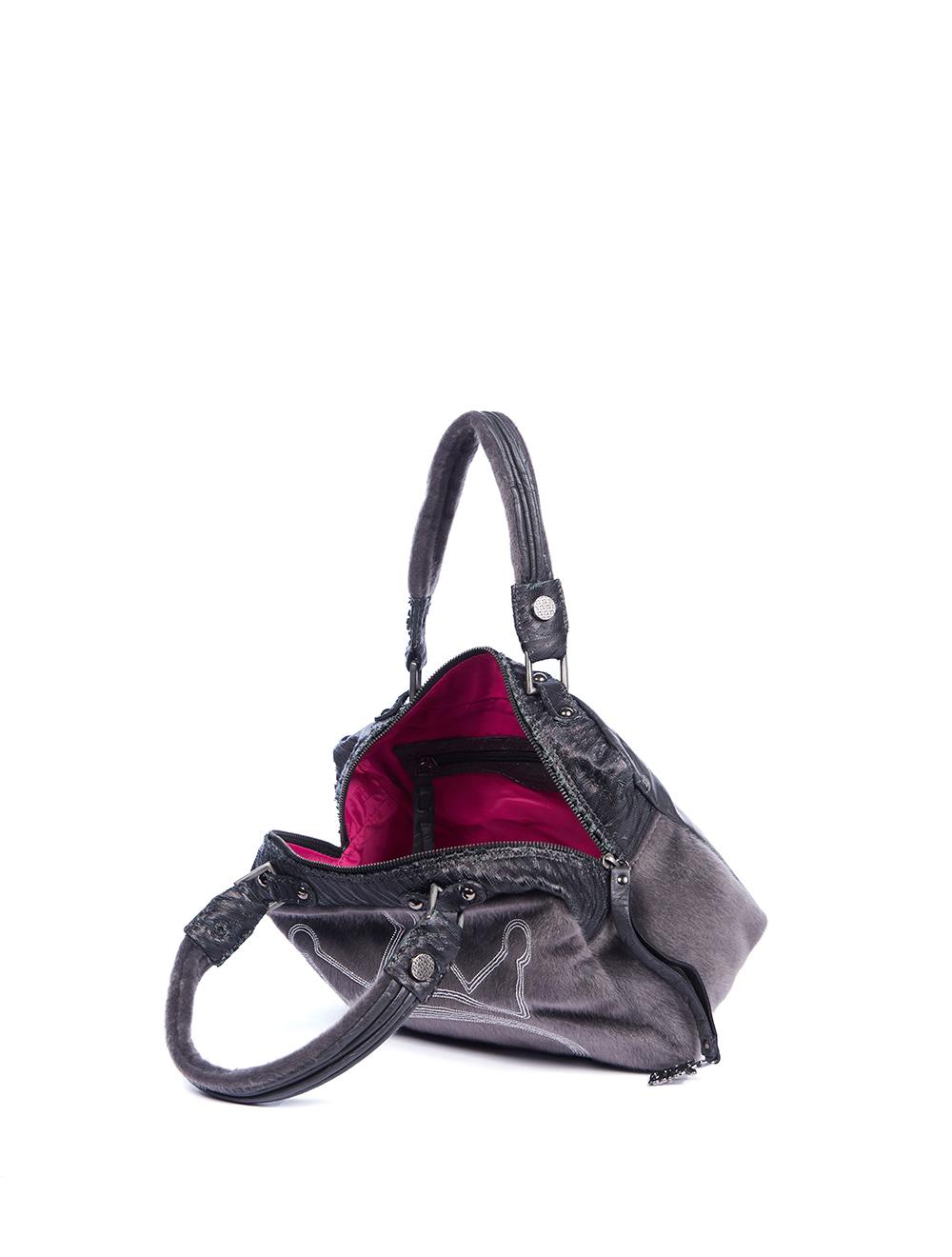 Save The Queen Borsa Media In Eco Pelle Nera E Cavallino Grigio Con Ricamo