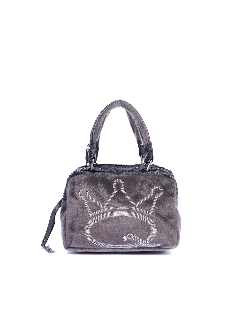 Save The Queen Borsa media in eco pelle nera e cavallino grigio con ricamo