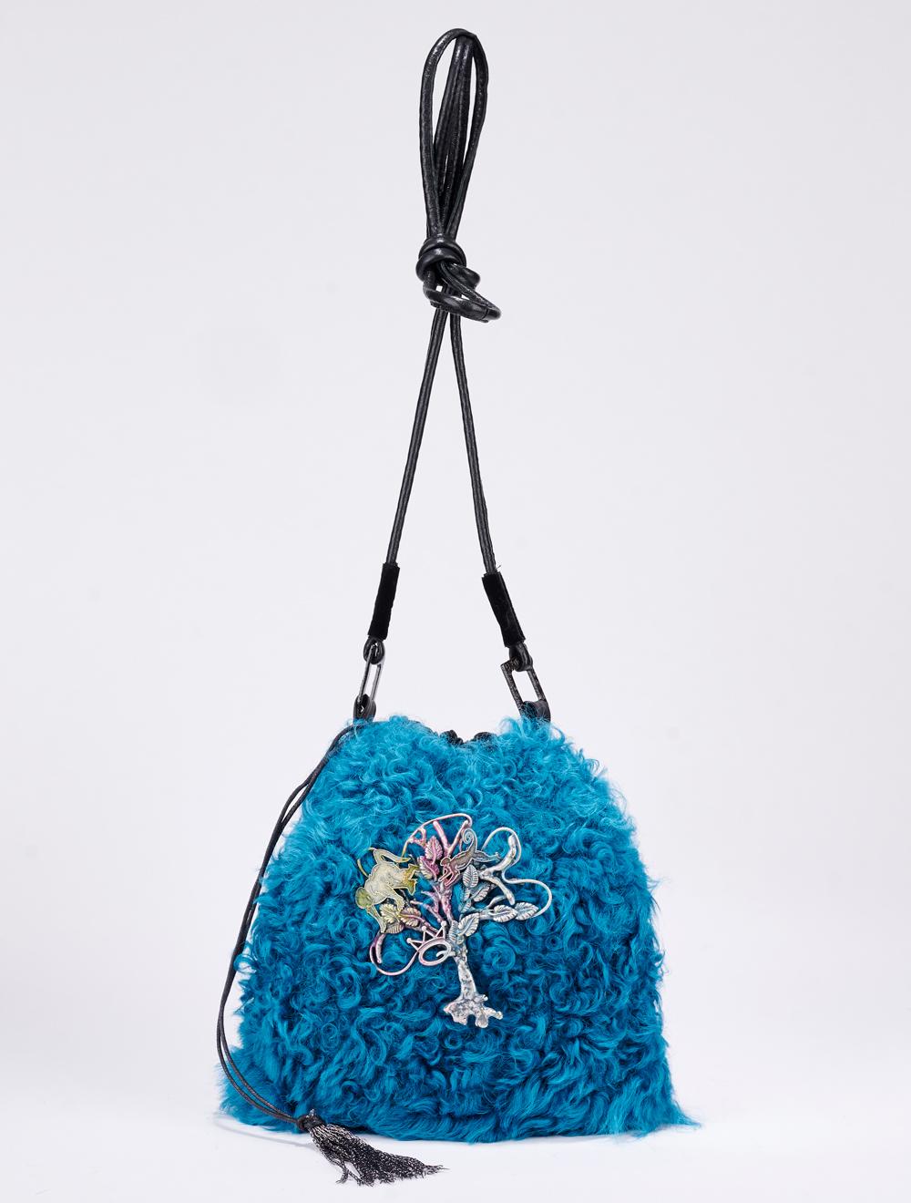 Save The Queen Borsa piccola in tessuto e pelliccia turchese