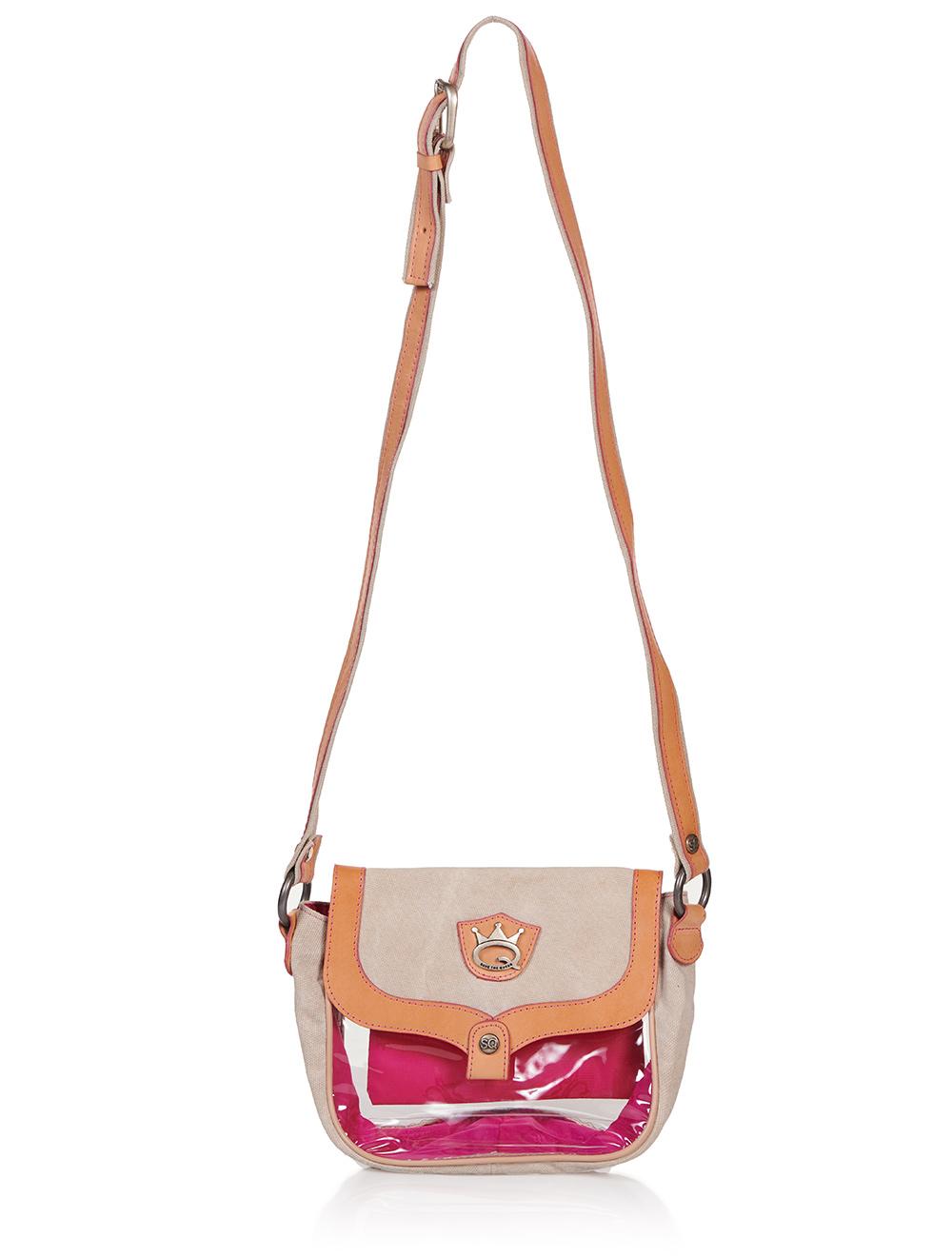 Save The Queen Borsa piccola trasparente con dettagli in tela e cuoio