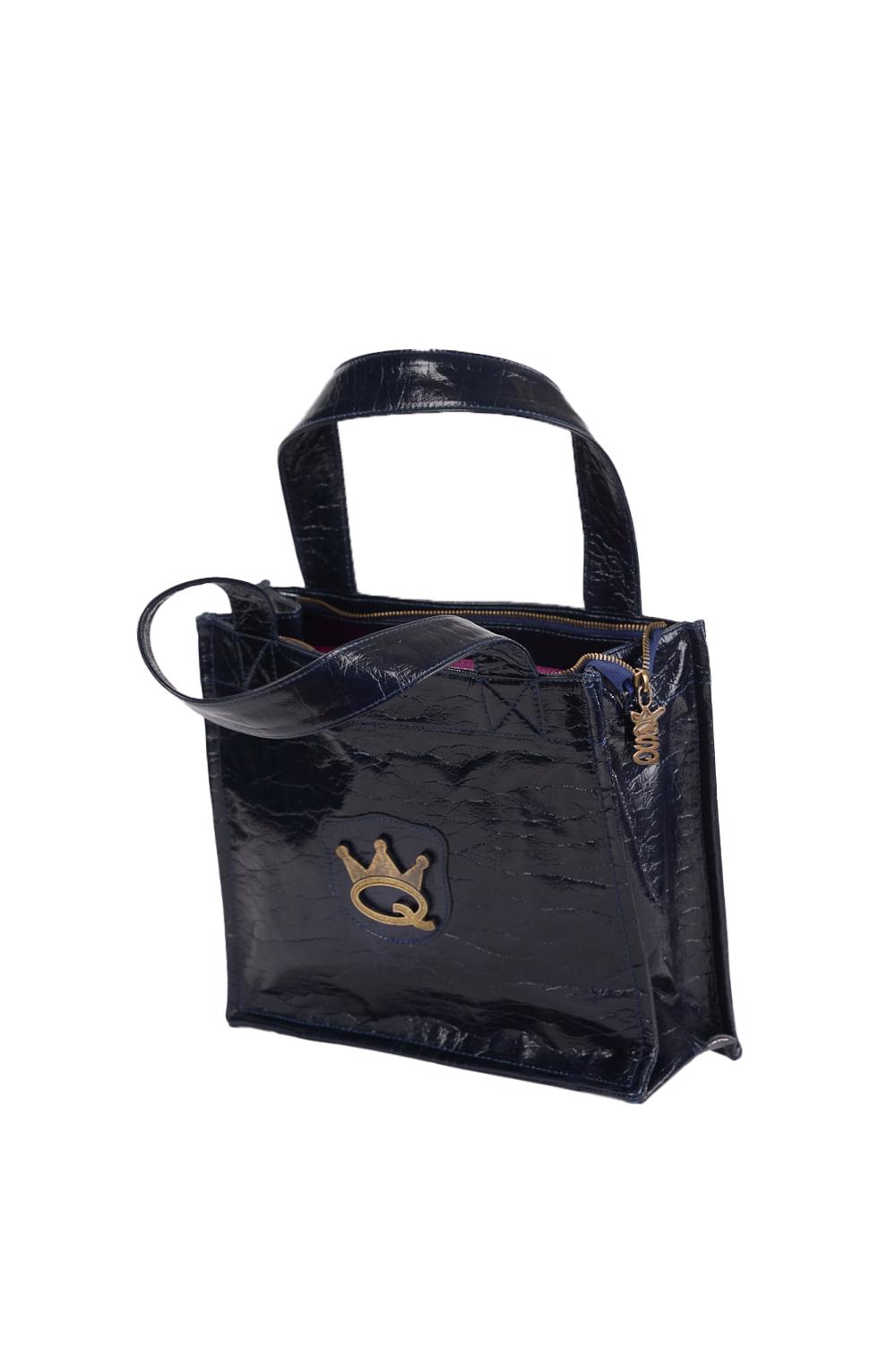 Save The Queen Borsa Shopper Blu Scura In Ecopelle Con Logo Metallico