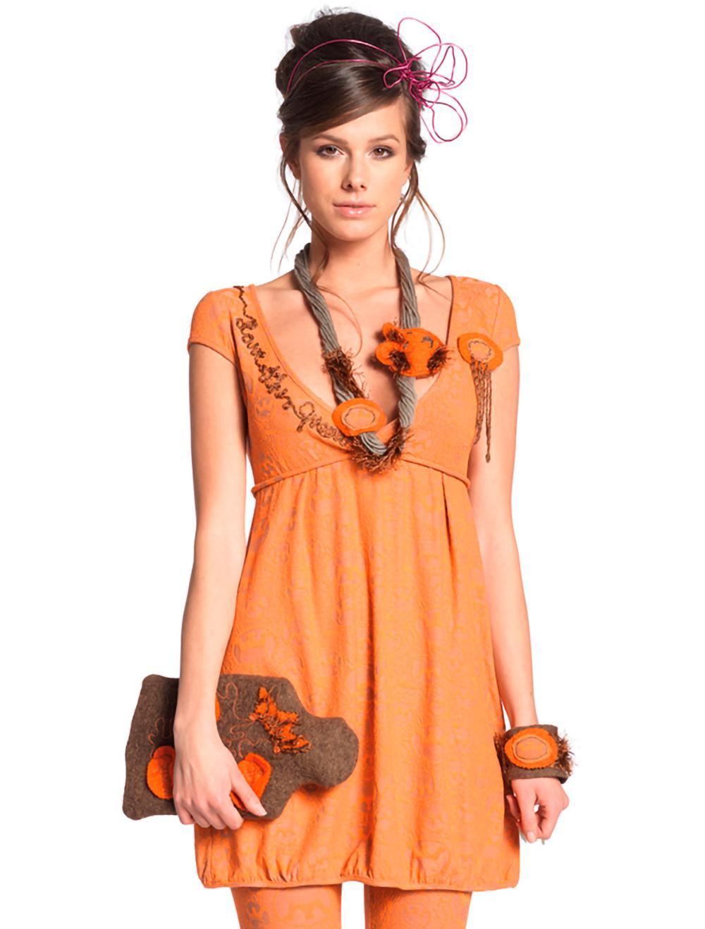 Save The Queen Camicia Da Notte Corta In Viscosa Stretch Jacquard Arancio E Beige + Leggins