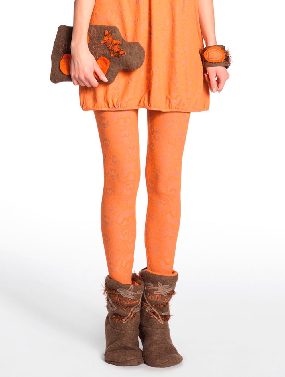 Save The Queen Camicia Da Notte Corta In Viscosa Stretch Jacquard Arancio E Beige + Leggins