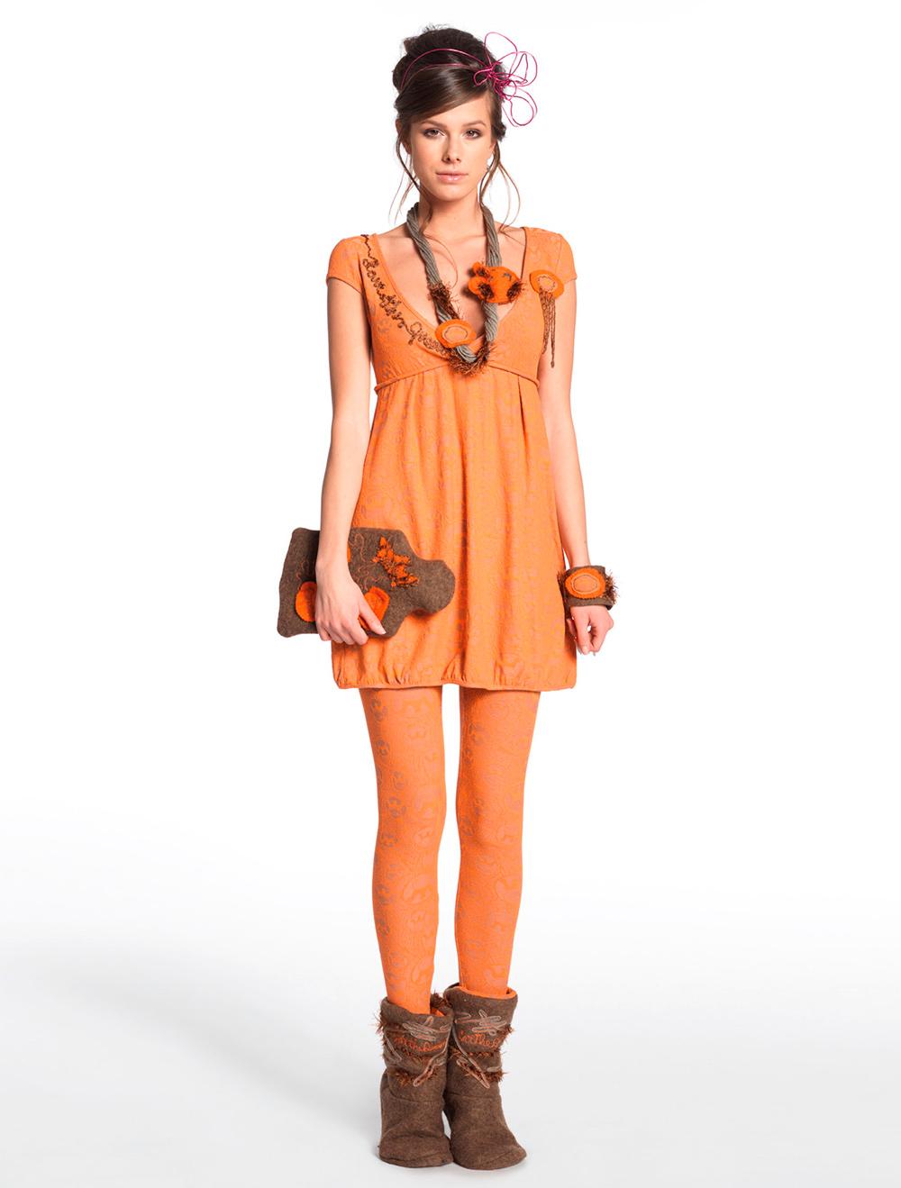 Save The Queen Camicia Da Notte Corta In Viscosa Stretch Jacquard Arancio E Beige + Leggins