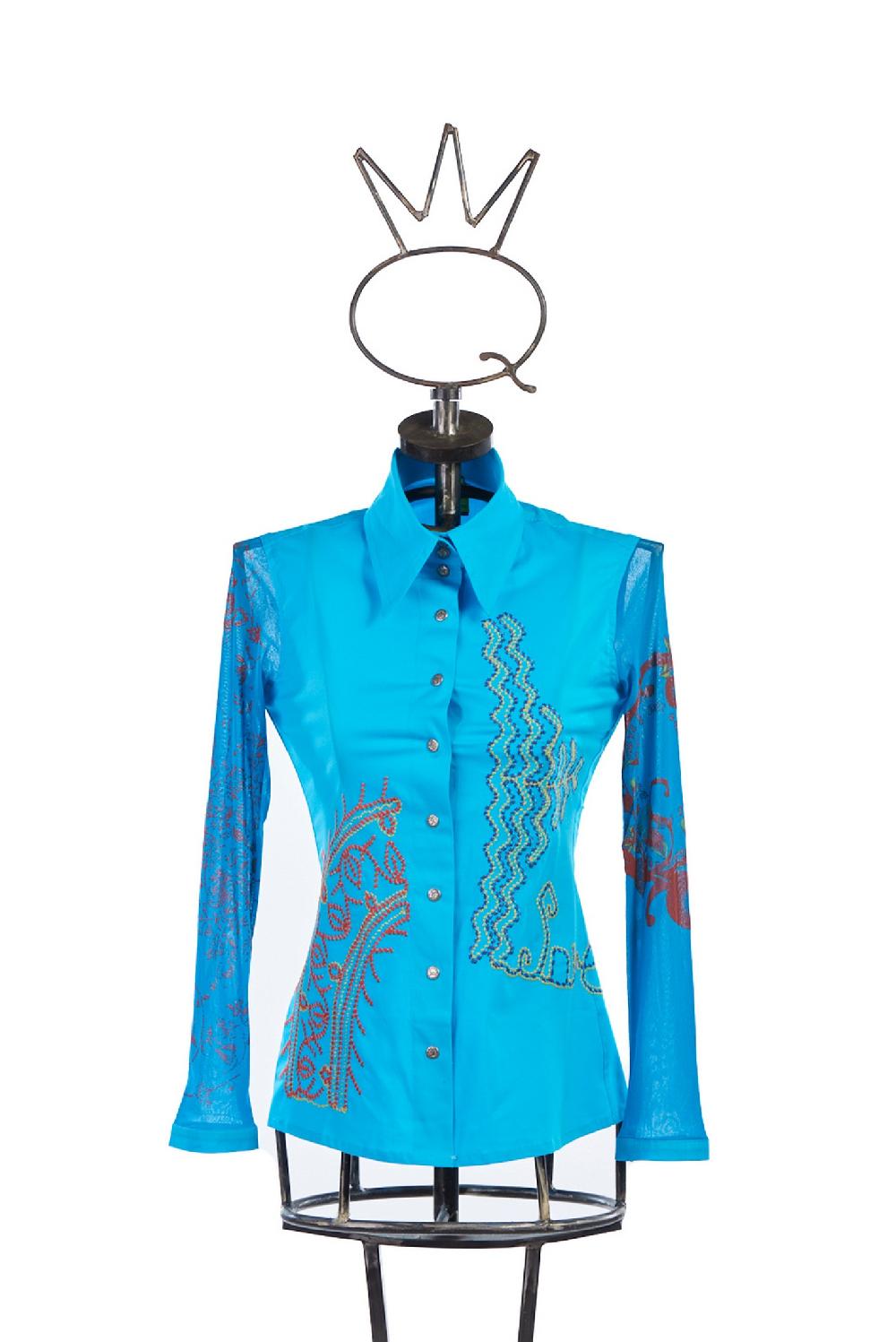 Save The Queen Camicia in cotone elasticizzato turchese con stampe e ricami