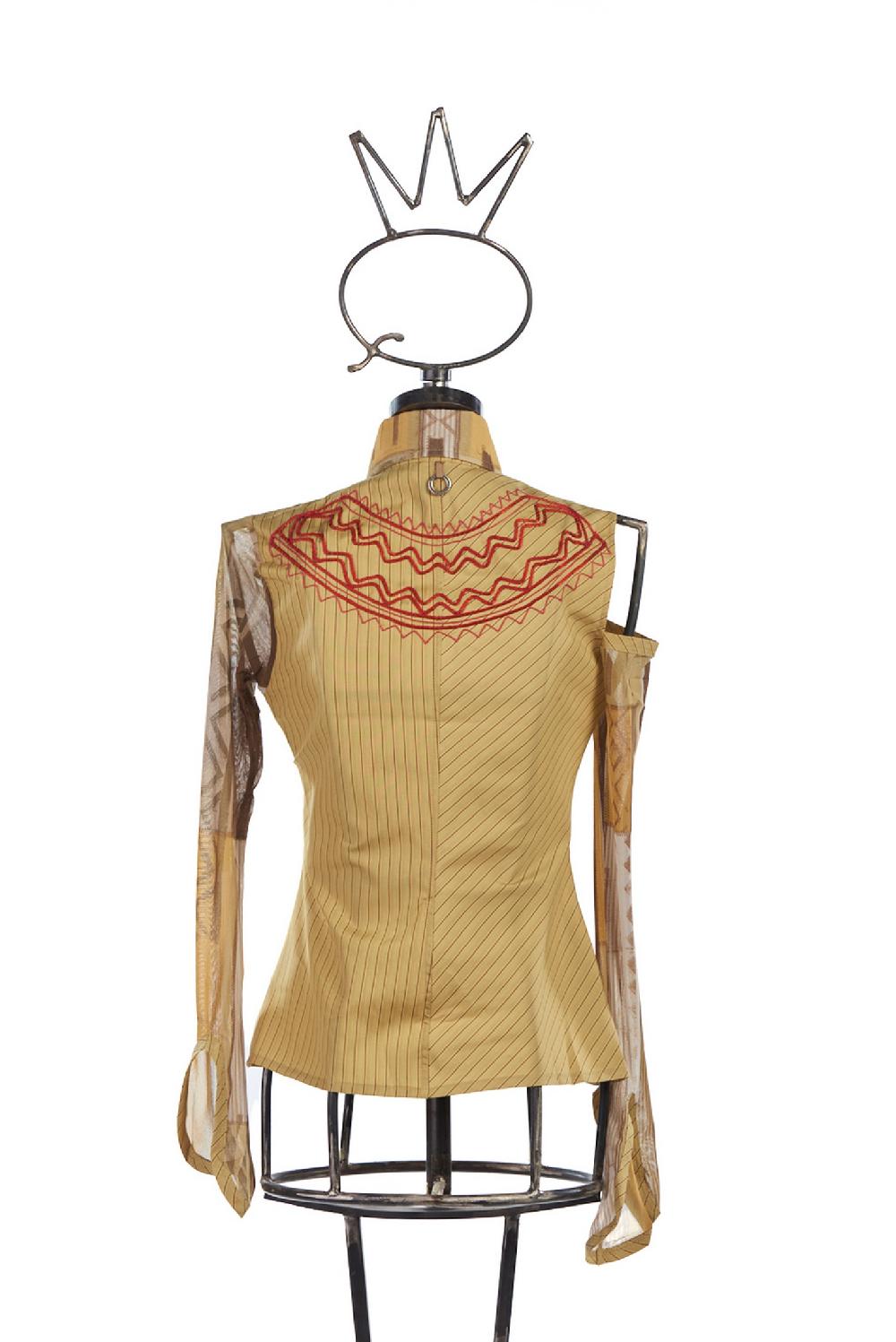 Save The Queen Camicia In Cotone Giallo Ocra Con Righe E Ricami
