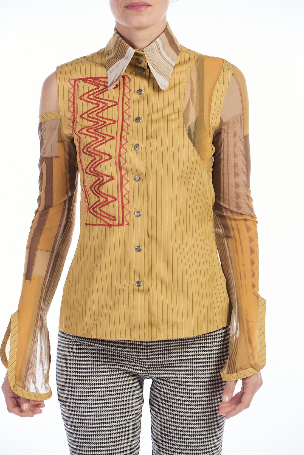 Save The Queen Camicia In Cotone Giallo Ocra Con Righe E Ricami