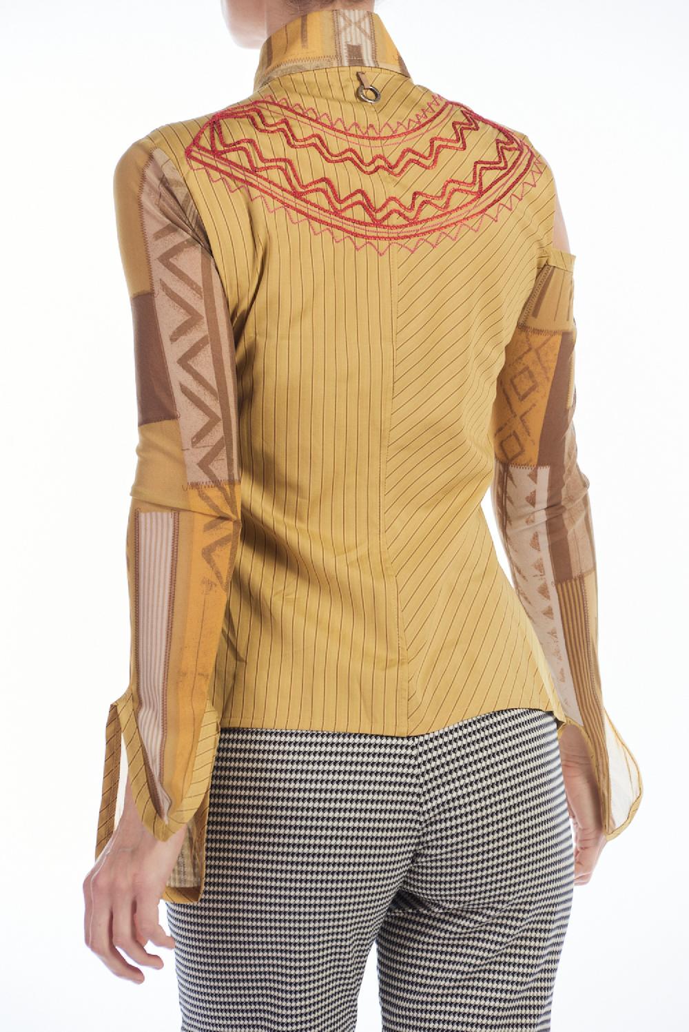 Save The Queen Camicia In Cotone Giallo Ocra Con Righe E Ricami