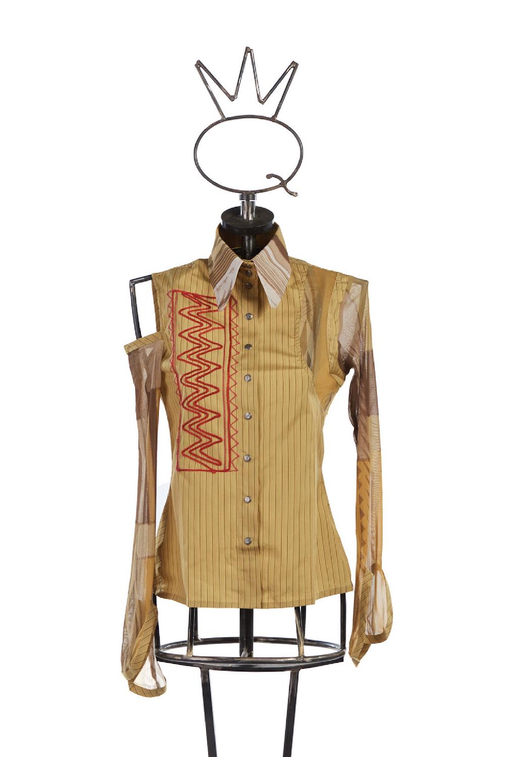 Save The Queen Camicia in cotone giallo ocra con righe e ricami