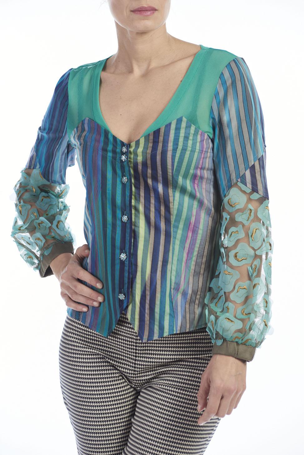 Save The Queen Camicia In Tessuto Di Cotone A Righe E Maniche In Tessuto Operato