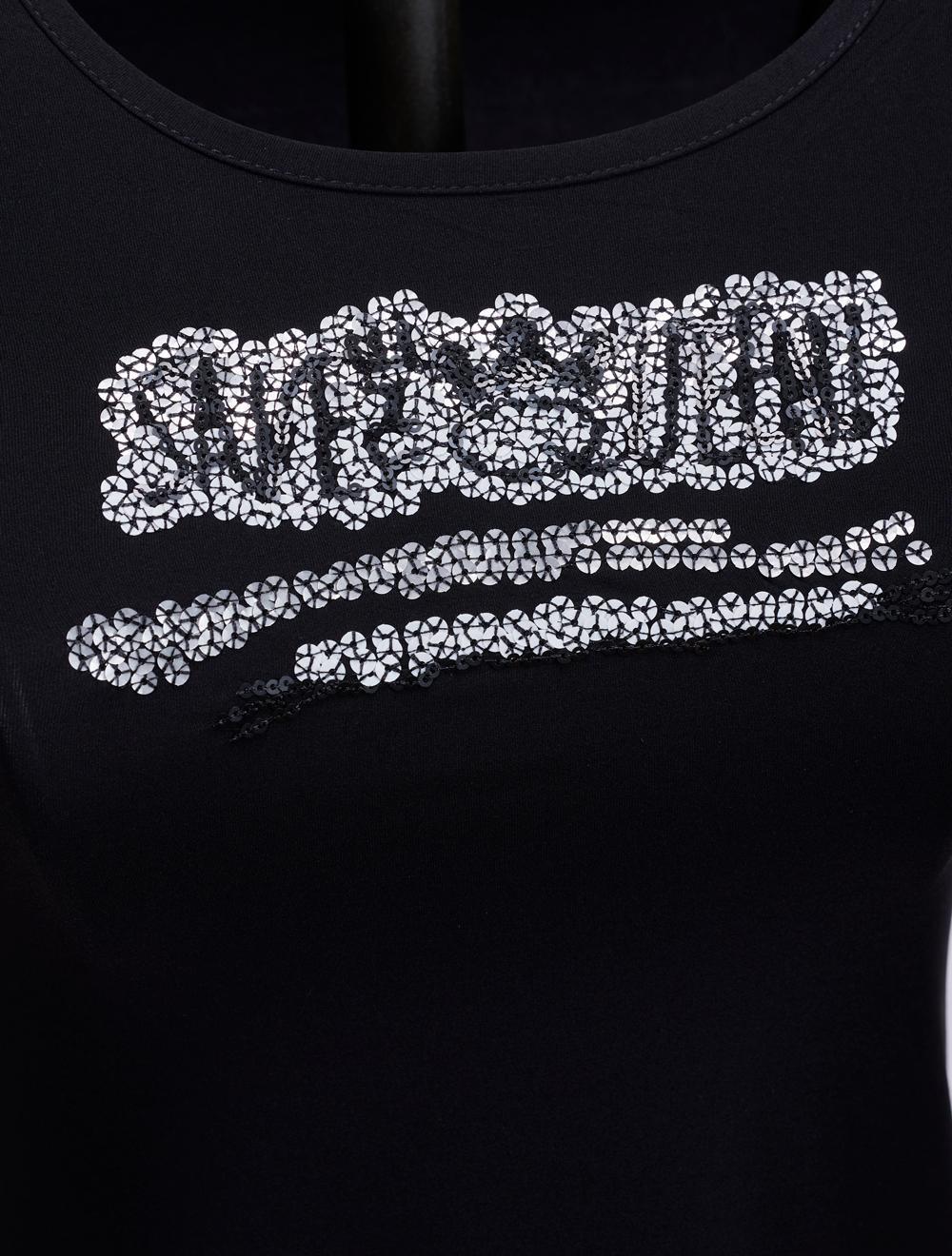 Save The Queen Canotta Nera In Tessuto Stretch Con Ricamo Di Paillettes