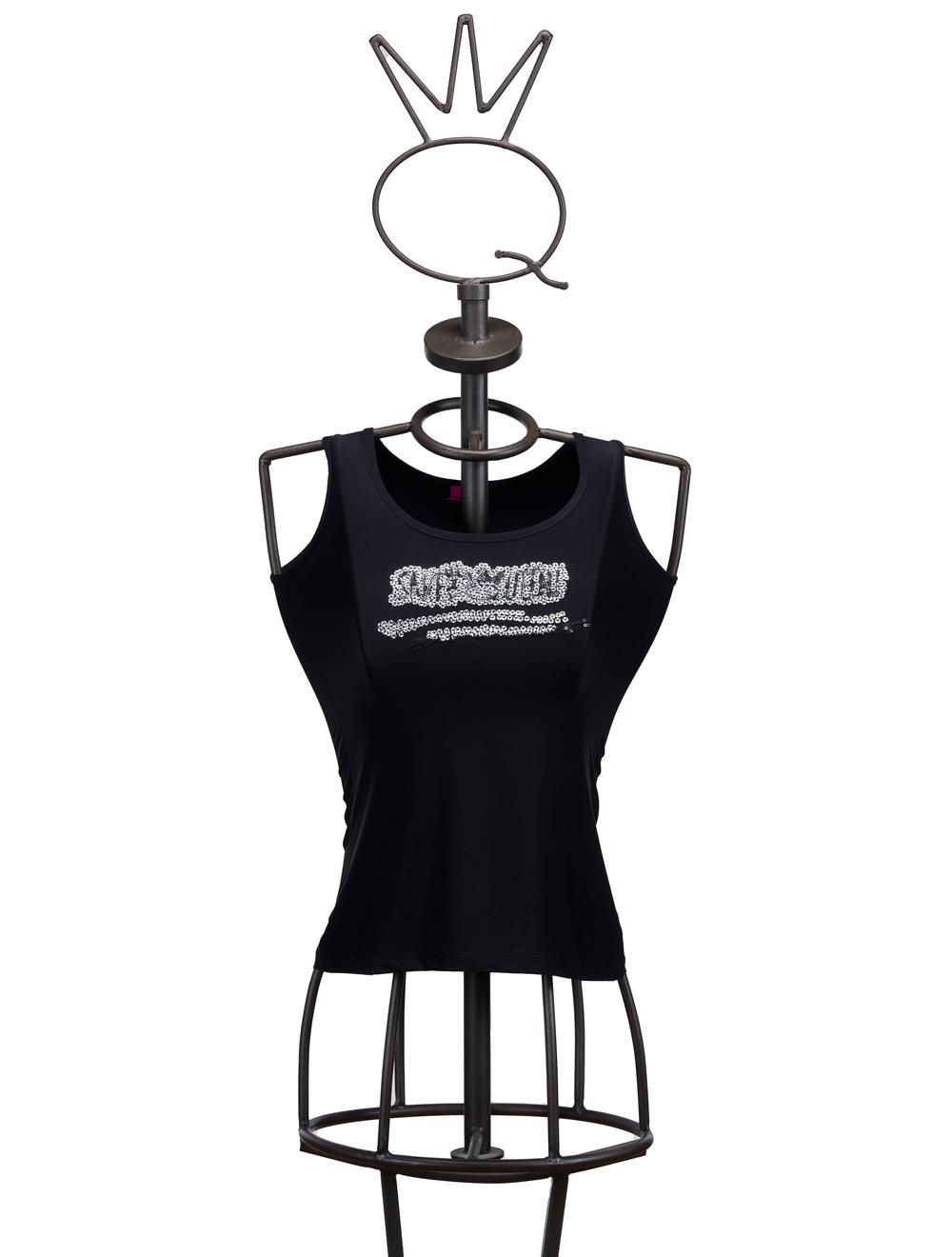 Save The Queen Canotta nera in tessuto stretch con ricamo di paillettes