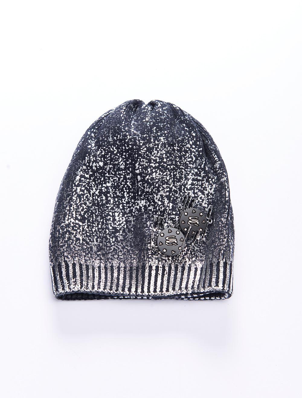 Save The Queen Cappello In Maglia Blu Con Effetto Laminato Argento