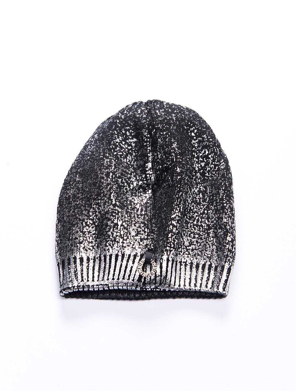 Save The Queen Cappello In Maglia Nero Con Effetto Laminato Argento