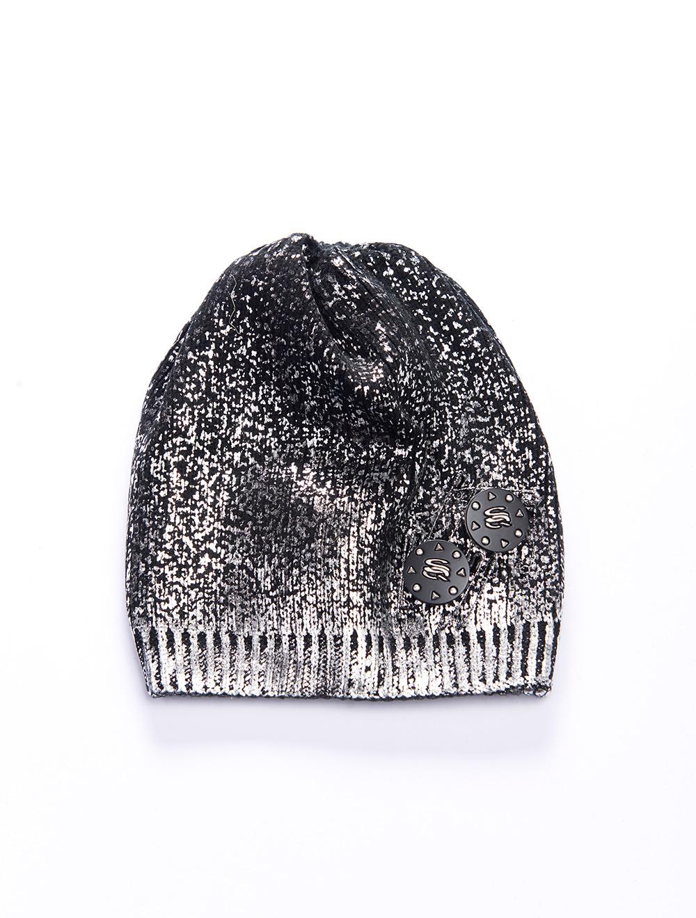 Save The Queen Cappello in maglia nero con effetto laminato argento