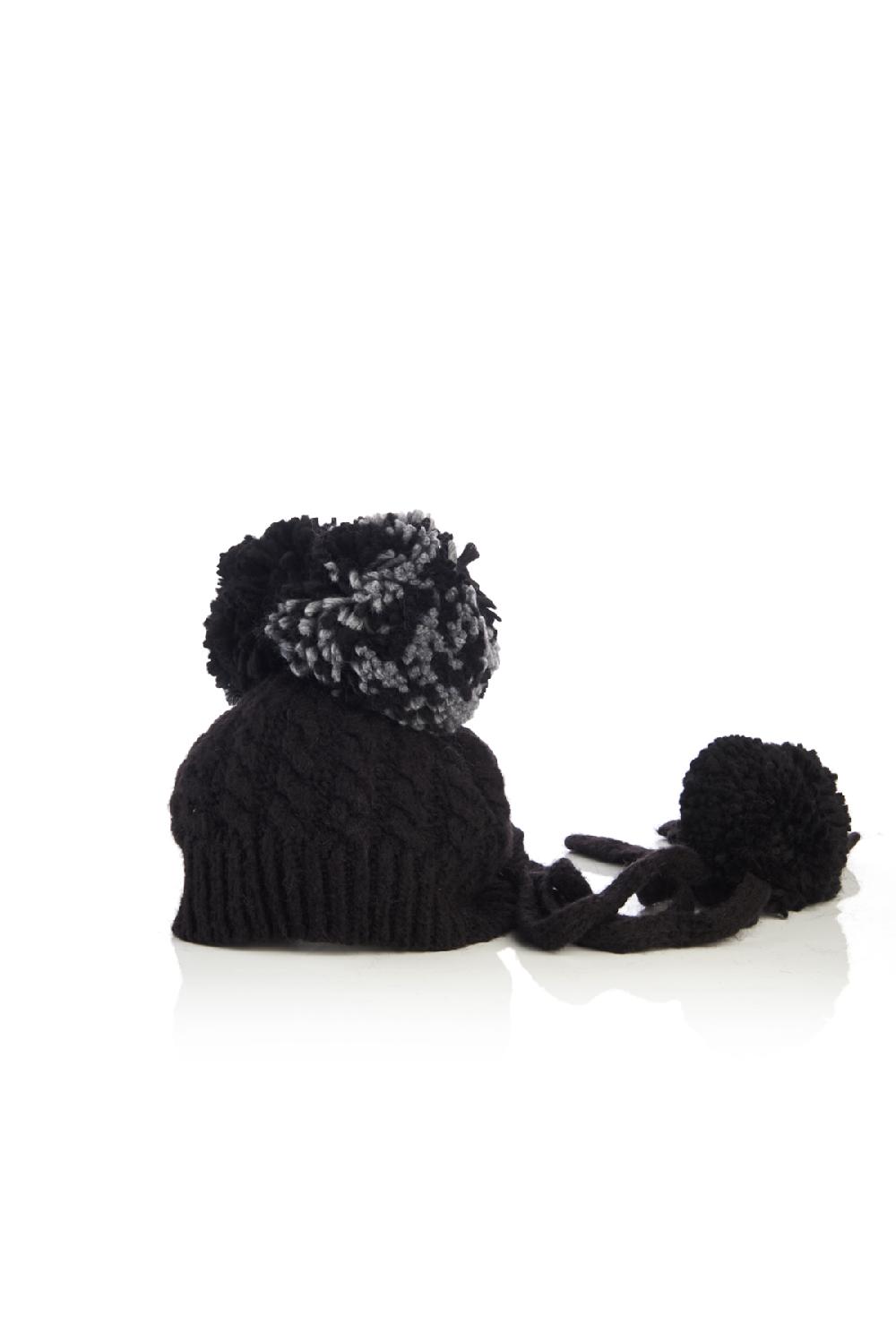 Save The Queen Cappello nero in maglia a trecce con pompon
