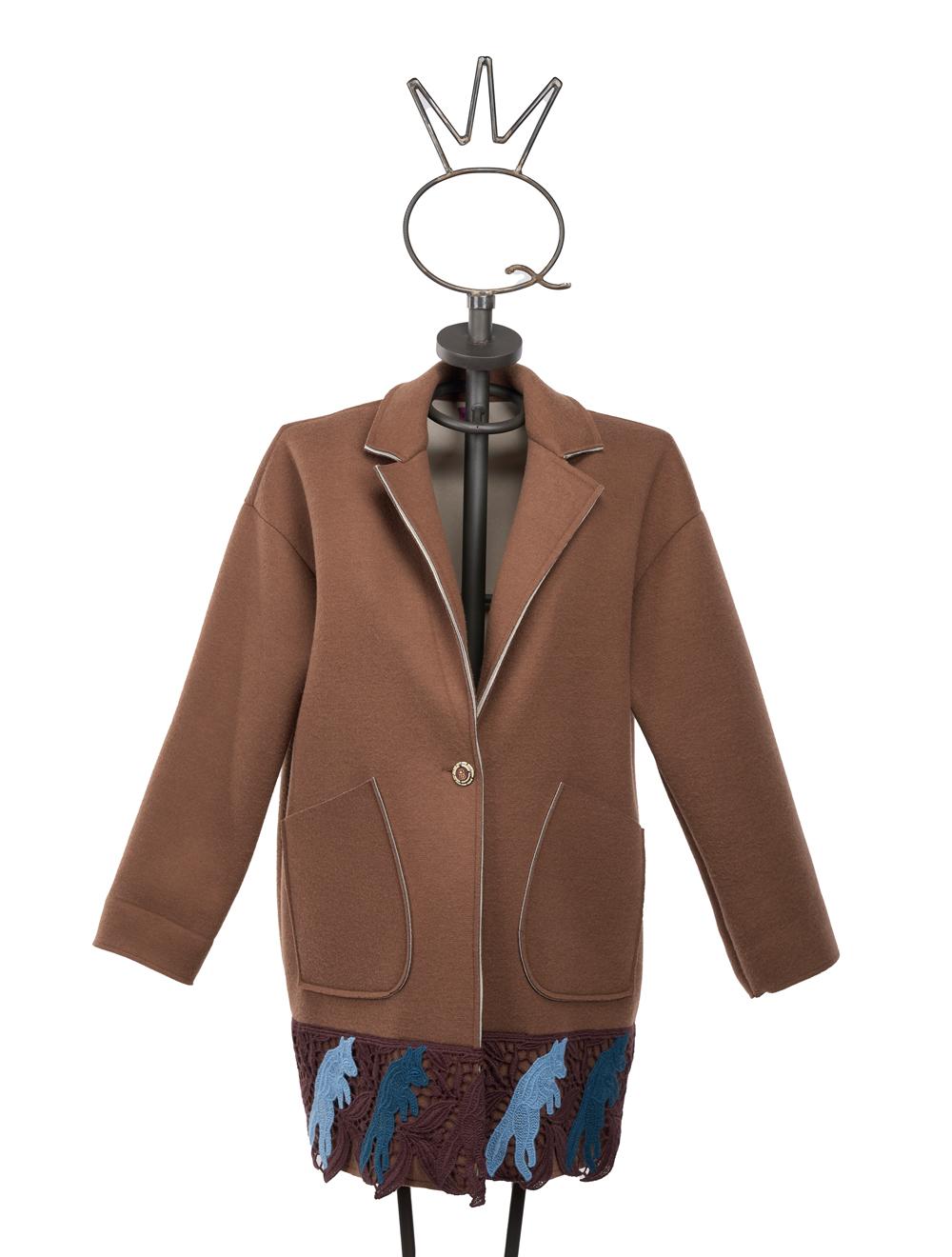 Save The Queen Cappotto Corto Nocciola Con Pizzo Macramè