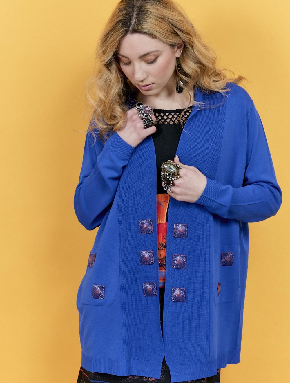 Save The Queen Cardigan bluette in viscosa con applicazioni